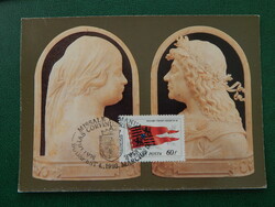 Képeslap - Lombard milánói mester: Mátyás király és Beatrix dombormű, alkalmi bélyegzésekkel