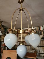 Antique copper Art Nouveau five-branch chandelier with opaline shades from the beginning of the twentieth century. Price reduction!