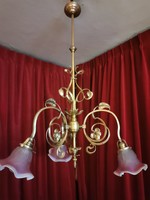 Antique copper Art Nouveau three-pronged chandelier with gradient, acid-etched shades. Price drop!