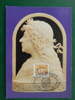 Képeslap - Lombard milánói mester: Mátyás király dombormű, alkalmi bélyegzésekkel