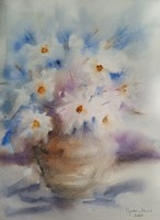Görbe Ágnes: Margaréták vázában, akvarell 42x29cm