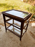 Antique art deco party cart with round glass, opening door, pull-out and removable tray from 1930