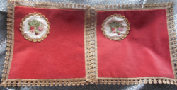 2 velvet tablecloths, with needle tapestry decoration, gold border 25 cm x 25 cm