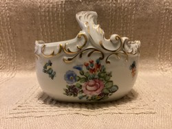 Herendi jelzett antik 1958-as porcelán virágos kosárka cukorka tartó asztalközép