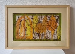 Iparművészeti, lenvászonra festett textilkép új keretben - '70-es / '80-as évek