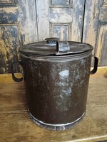 On a large tin grease can, at least 20 liters, piece with patina, grease storage with a chimney, as a decoration