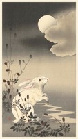Ohara Koson: Nyúl és telihold éjszaka, japán fametszet, kitűnő minőségű reprint nyomat falikép