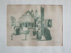 Dezső Fáy (1888 - 1954) - Italian town section with people going to church - description!!!