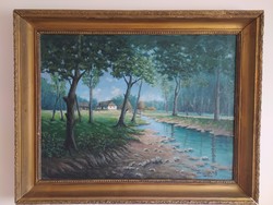 Mihály László: farm with a stream oil canvas painting in an antique frame flawless 60 x 80 cm/ 72 x 92 cm