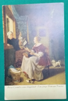Artistic postcard, Pieter Cornelisz. Van slingelandt: a young girl at the window taking a hen