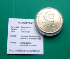 2014 - Egressy Béni - for the 200th anniversary of his birth - HUF 2,000 bu - capsule + certi