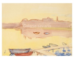 Reproduction of a painting depicting a port in delicate pastel colors, 40*30cm