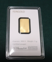 Degussa 5 g Feingold aranyrúd 9999,9 Eredeti tok