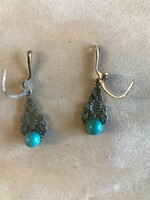 New! Custom-made, antique, silver, 925, marked, hanging, earrings. With turquoise stone. Length: 4 cm