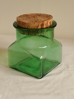 Nagy zöld szögletes öntött üveg konyhai tároló tartó edény parafa dugó tetővel