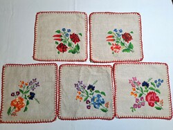 5 tablecloths embroidered on canvas with a Kalocsa pattern, 26 x 24 cm