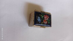 Medicine box with antique painted porcelain top, box with floral decoration