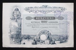 Hungarian river and sea shipping joint stock company share 200 crowns 1895
