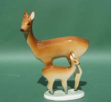 Old Zsolnay porcelain figure of deer with fawn kid with shield seal
