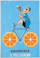 Vintage San Pellegrino Aranciata reklám plakát reprint nyomat, olasz ásványvíz narancs üdítő bicikli