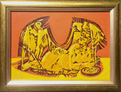 Xantus Gyula: Várakozás (kerezett festmény) vörös és sárga - 1970-es évek