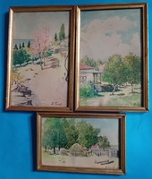 B . Guszev : 3  tájkép , falusi táj akvarell