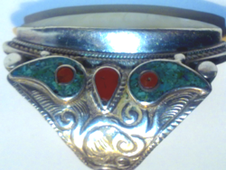 Antique Huge Solid Heavy Silver Craftsman Goldsmith Ring Coral Turquoise Mother of Pearl