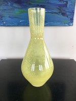 Csodás sárga nagy fátyolüveg váza, karcagi, repesztett üveg, kraklé üveg váza (M162)