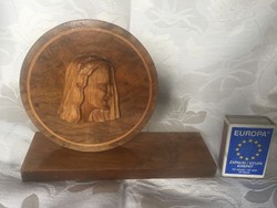 Igényes, fából készült art deco stílusú asztali dísz, vitrindísz, dísztárgy Krisztus fej faragással