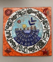 Julia Bokros (1931-): perpetual calendar, marked glazed applied art wall ceramic rarity, 1972