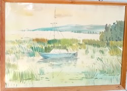 Miklós Osváth: boat in the reeds of Balaton