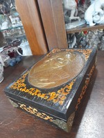 Wooden music box, decorated with a copper fan woman.