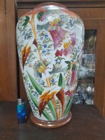Old hand-painted flower pattern, white glass vase. 35 Cm.