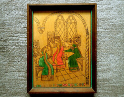 Old retro antique vintage burnt folk wooden wall picture made with pyrograph technique wall picture ornament wall decoration