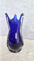 Retro blue blown, broken glass vase, 17 x 6.5 cm