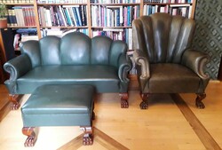Lion's foot leather sofa, armchair, ottoman.