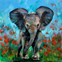 Baby elephant among the flowers - acrylic painting - 50 x 50 cm