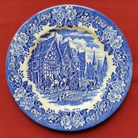 Ironstone English scene blue porcelain plate horse carriage dog pattern