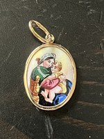 Antique gold Virgin Mary pendant with Jesus, fire enamel, porcelain
