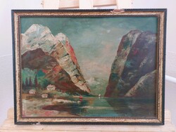 (K) Régi festmény fjord Karl Kaufmann stílusában 42x32 cm kerettel