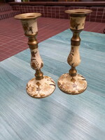 Beautiful pair of old enameled copper candle holders (17x7.7 cm)