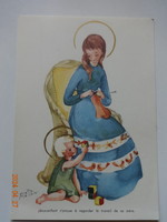 Old graphic religious greeting card, postal clerk - child Jesus watching his mother's work