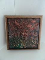 Old card or jewelry wooden box with horoscope bronze decoration..