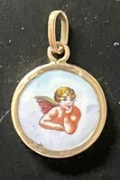 Gold antique angel putto pendant fire enamel porcelain