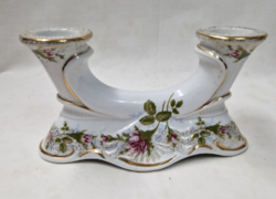 Decorative chodziez porcelain two-pronged candle holder with rose pattern and gilding in perfect condition