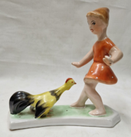 Bodrogkeresztúr little girl with a rooster ceramic figurine in perfect condition 17 cm.