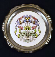 Circa 1900 An antique Art Nouveau majolica inlay metal rimmed serving bowl