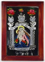 1O658 Mária gyermekével antik festett keretezett tükörkép 32 x 23 cm