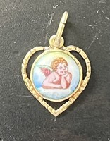 Gold antique angel putto heart pendant fire enamel porcelain