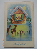 Régi grafikus újévi üdvözlő képeslap - havas házikó, őzikék  (1948)